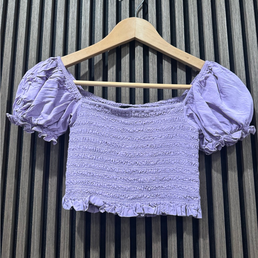 Katie J NYC size large Lilac Smocked Puff Sleeve top